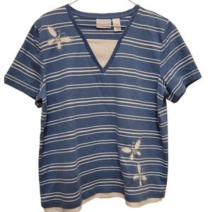 alfred dunner womens L Blue and white stripes. Beaded butterflies